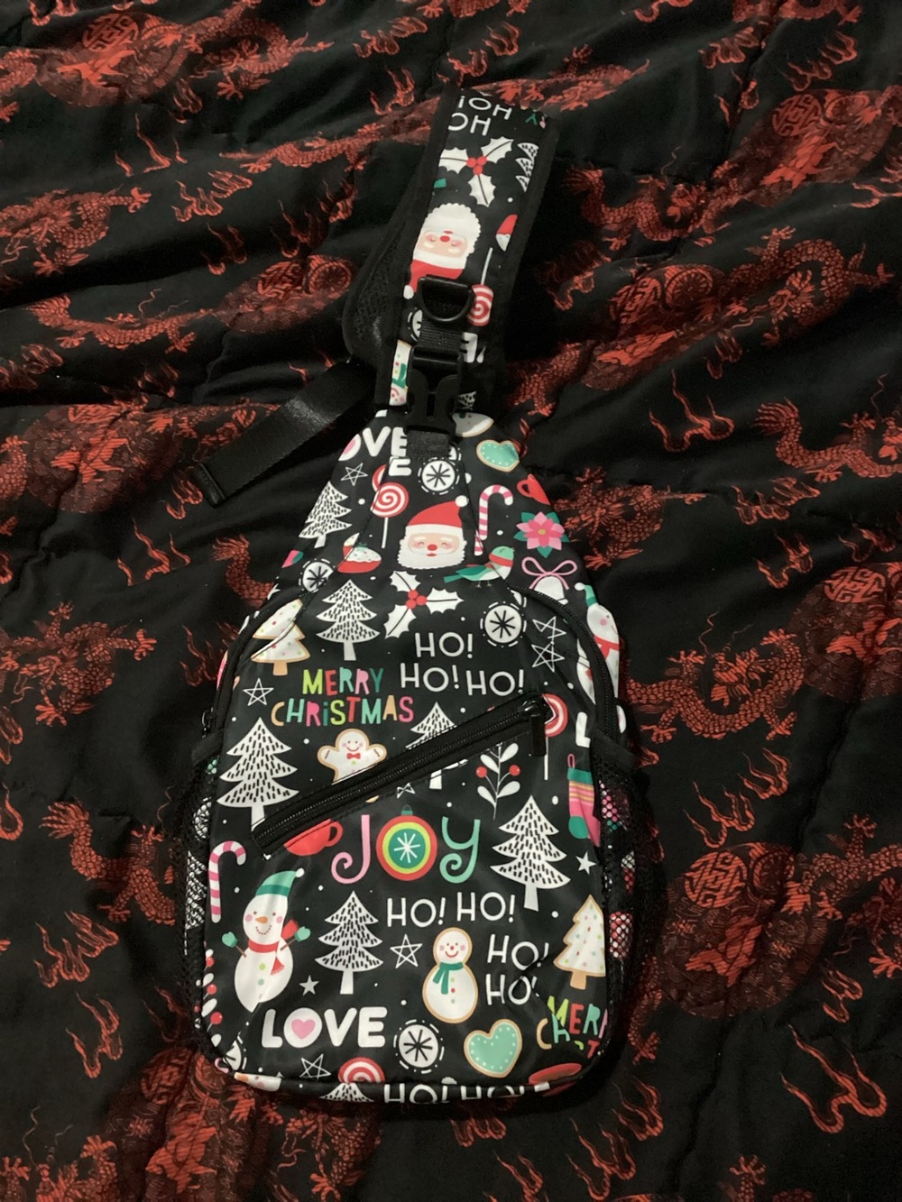 Holiday Print Sling Bag - Black Merry Christmas Design
